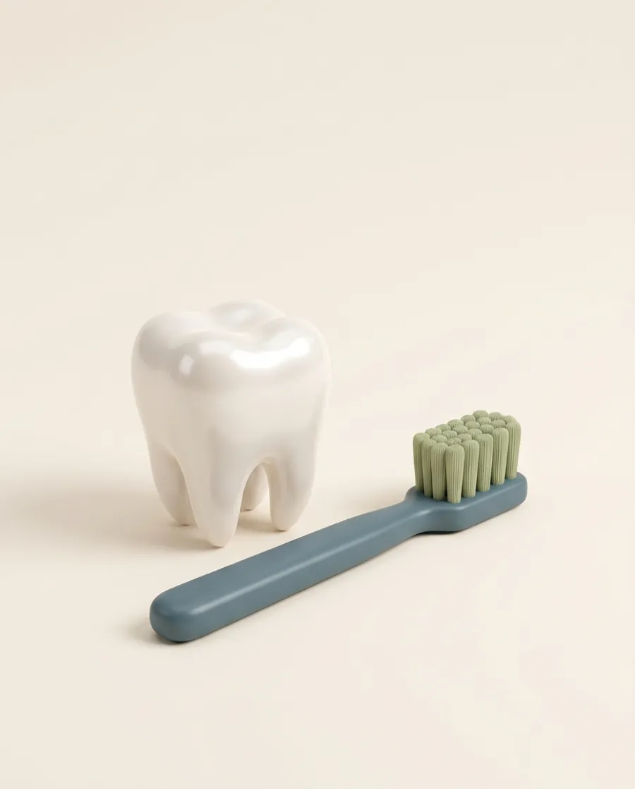 Ilustración 3D de un diente y un cepillo dental
